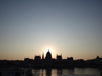 Buildings in city at sunset