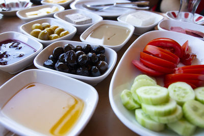 High angle view of fruits in plate on table