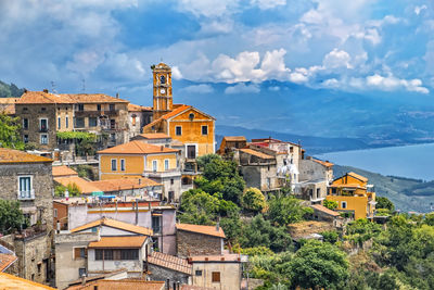 High angle view of buildings on hill