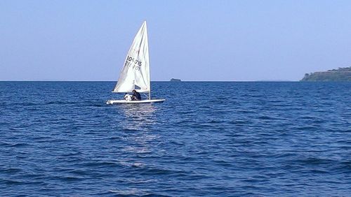 Sailboats in sea against sky