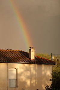 Low angle view of rainbow over building against sky