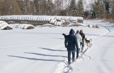 Rear view of people with dog in snow
