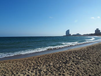 Scenic view of beach against clear blue sky