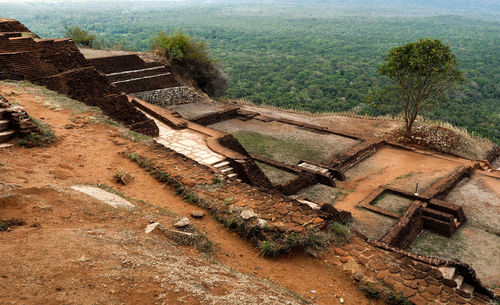 High angle view of old ruin on landscape
