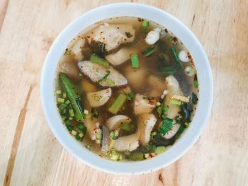 High angle view of soup in bowl on table