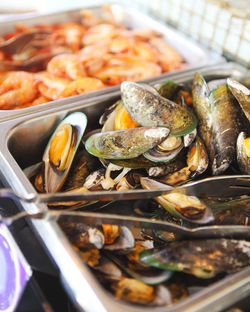 High angle view of fish in cooking pan