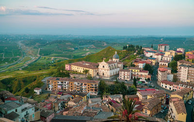 High angle shot of townscape against sky