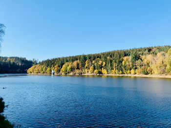 Scenic view of lake against clear blue sky