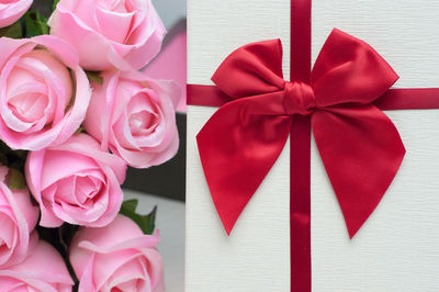 High angle view of pink flowers on table