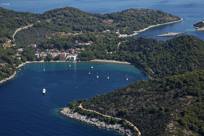 High angle view of sea and mountains