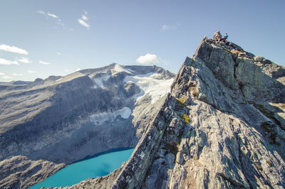 High angle view of lake along rocky landscape