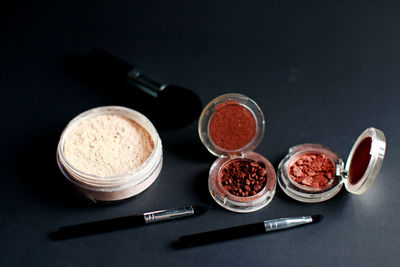 High angle view of food on table against black background