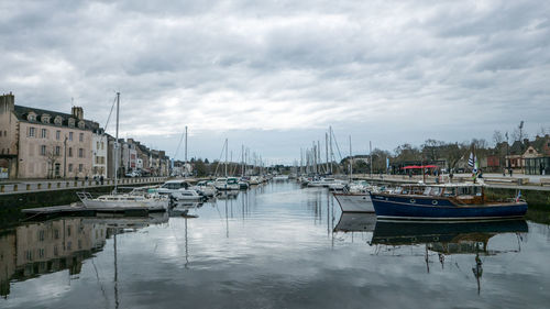 Sailboats moored in harbor