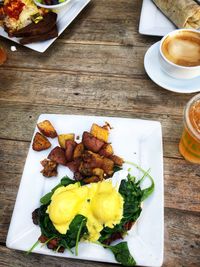 High angle view of breakfast on table