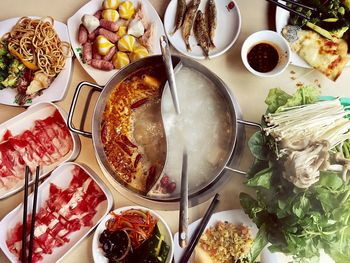 High angle view of food served on table