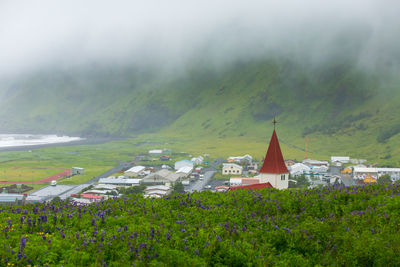 Scenic view of trees and buildings against sky