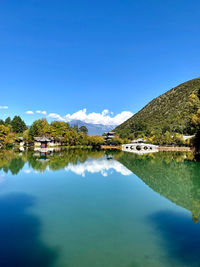 Scenic view of lake against blue sky