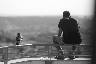 Rear view of man sitting on railing at building terrace