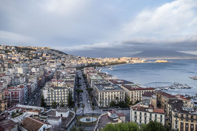 Aerial view of napoli and his gulf with vesuvius in background