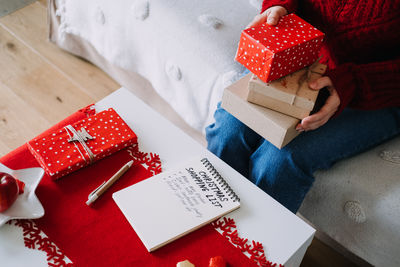 High angle view of christmas presents on table