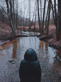 Rear view of man standing in river