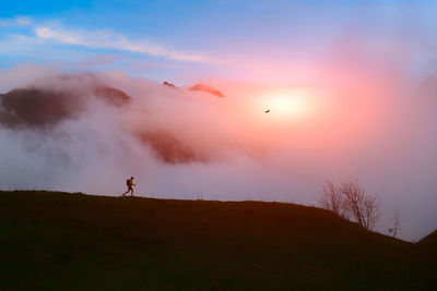 Rear view of man walking on field against sky during sunset