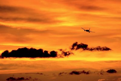 Airplane flying in sky at sunset