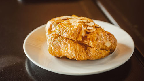 High angle view of bread in plate on table