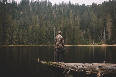 Man standing on fallen tree amidst lake against forest