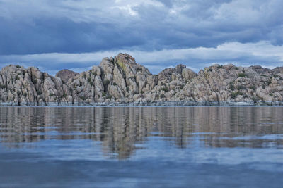 Reflection of rocks on river against cloudy sky