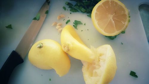 High angle view of fruits in plate on table