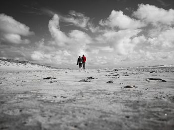 Rear view of people at beach against sky