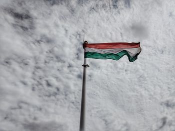 Low angle view of flag flags on snow covered landscape