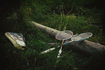 View of tennis racquets on grass