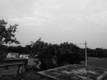 Trees and houses on field against sky