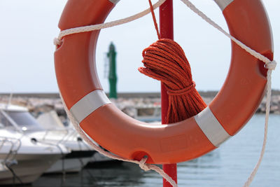 Close-up of rope on boat against sky