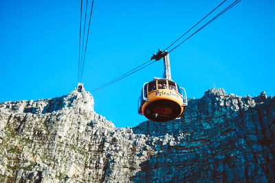 Low angle view of overhead cable car against blue sky