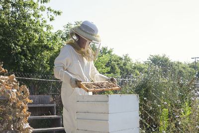 Female worker wearing protective suit while examining beehives at farm