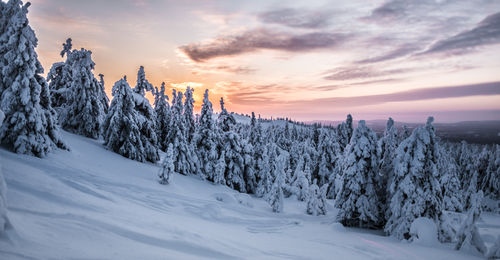 Snow covered landscape against sky during sunset