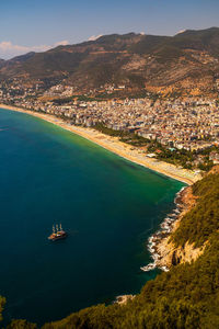 Pirate ships and rocks formation in the sea. view from alanya castle in antalya, turkey.