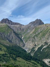 Scenic view of valley and mountains against sky