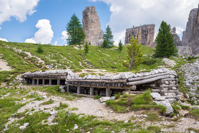 Restored trench and shooting position of the first world war in the dolomite mountains, italy