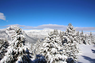 Scenic view of snowcapped mountains against blue sky