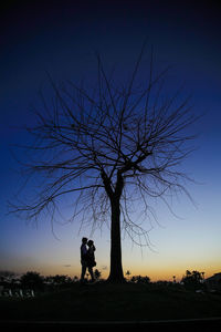 Silhouette couple standing by bare tree against sky during sunset