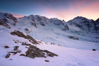 Scenic view of snowcapped mountains against sky during sunset