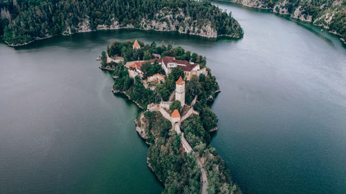 Zvikov castle czech republic. drone shot - aerial view. half island