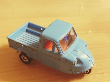 High angle view of toy car on table