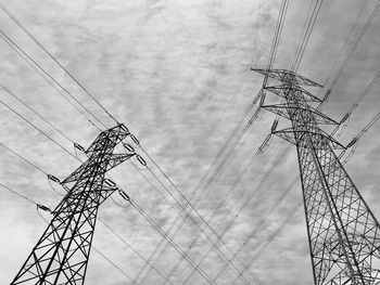 Low angle view of electricity pylon against sky