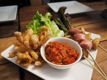 High angle view of food in plate on table