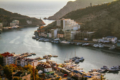 High angle view of boats moored in river